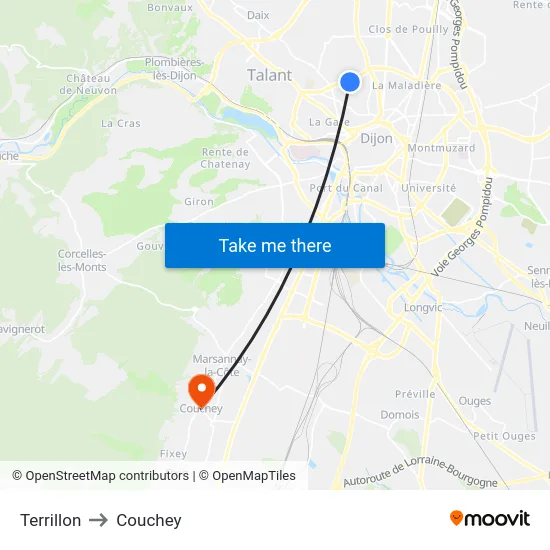 Terrillon to Couchey map