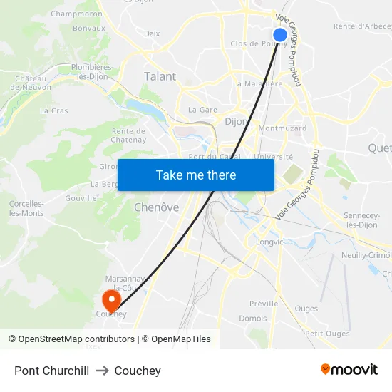 Pont Churchill to Couchey map