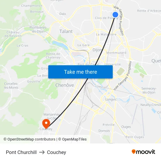 Pont Churchill to Couchey map