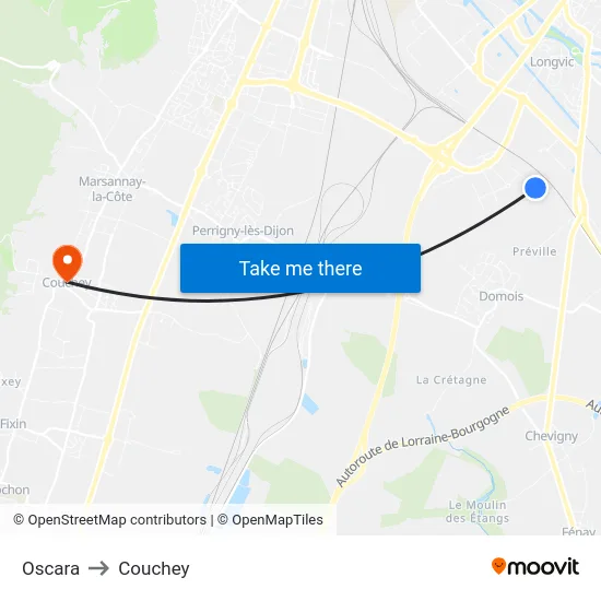 Oscara to Couchey map