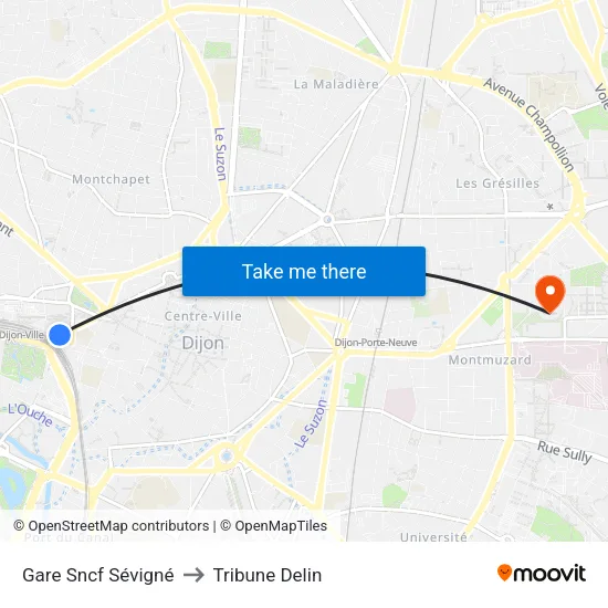 Gare Sncf Sévigné to Tribune Delin map