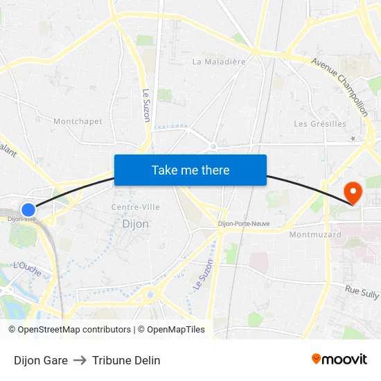 Dijon Gare to Tribune Delin map