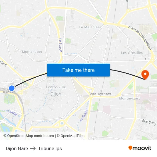 Dijon Gare to Tribune Ips map