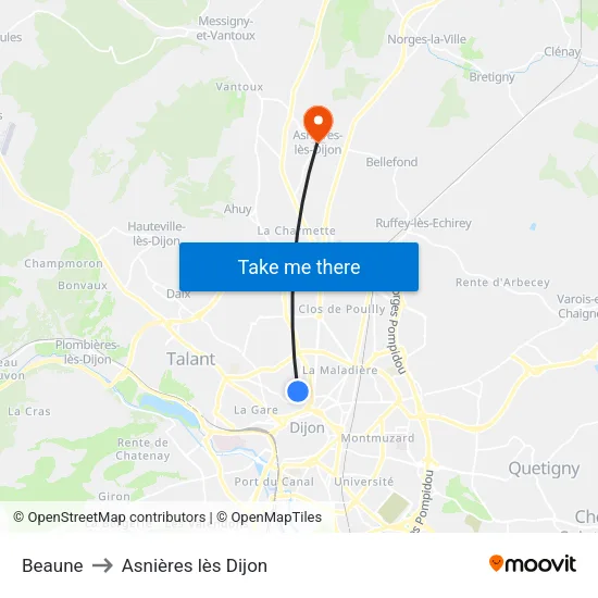 Beaune to Asnières lès Dijon map