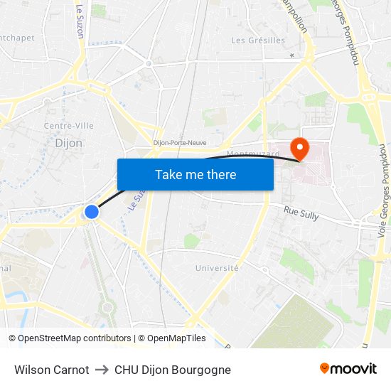 Wilson Carnot to CHU Dijon Bourgogne map