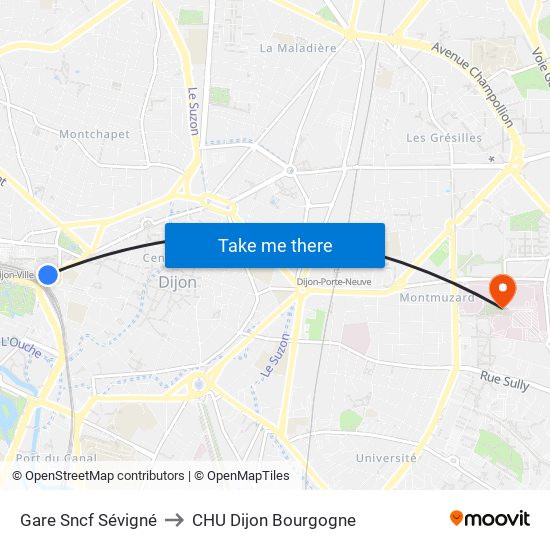 Gare Sncf Sévigné to CHU Dijon Bourgogne map