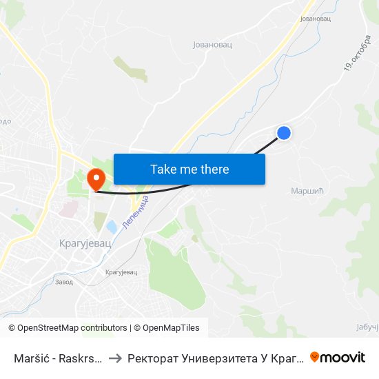 Maršić - Raskrsnica to Ректорат Универзитета У Крагујевцу map