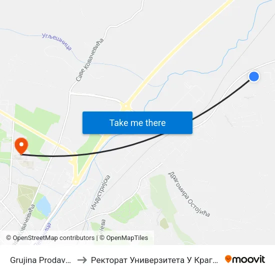 Grujina Prodavnica to Ректорат Универзитета У Крагујевцу map