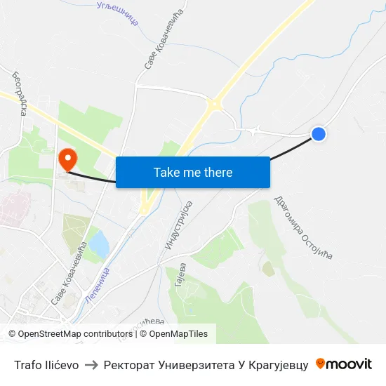 Trafo Ilićevo to Ректорат Универзитета У Крагујевцу map