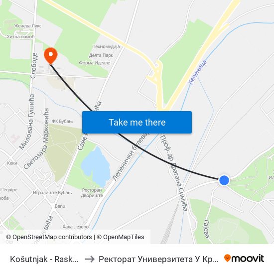 Košutnjak - Raskrsnica to Ректорат Универзитета У Крагујевцу map