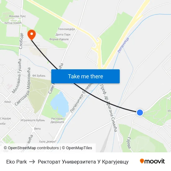 Eko Park to Ректорат Универзитета У Крагујевцу map