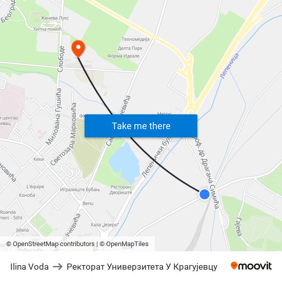 Ilina Voda to Ректорат Универзитета У Крагујевцу map