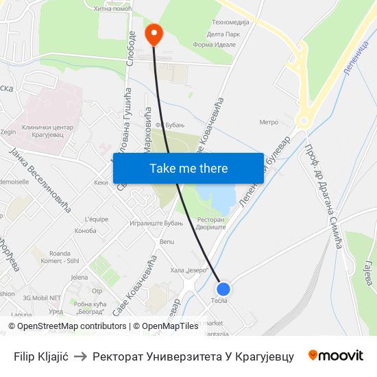 Filip Kljajić to Ректорат Универзитета У Крагујевцу map