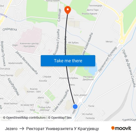 Jezero to Ректорат Универзитета У Крагујевцу map