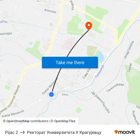 Pijac 2 to Ректорат Универзитета У Крагујевцу map