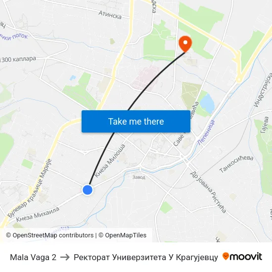 Mala Vaga 2 to Ректорат Универзитета У Крагујевцу map