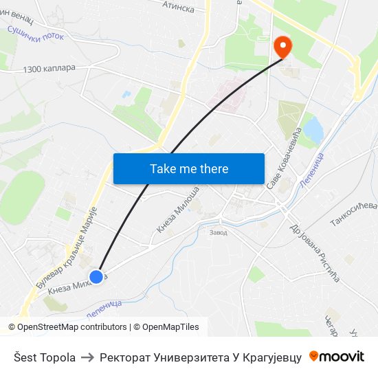 Šest Topola to Ректорат Универзитета У Крагујевцу map