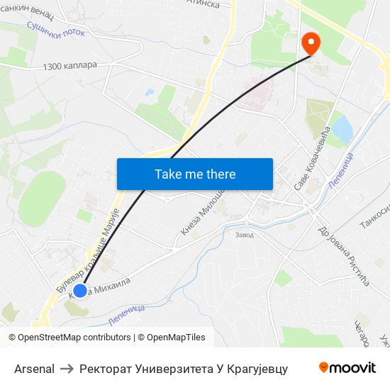 Arsenal to Ректорат Универзитета У Крагујевцу map