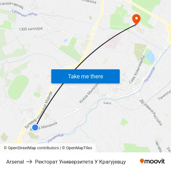 Arsenal to Ректорат Универзитета У Крагујевцу map