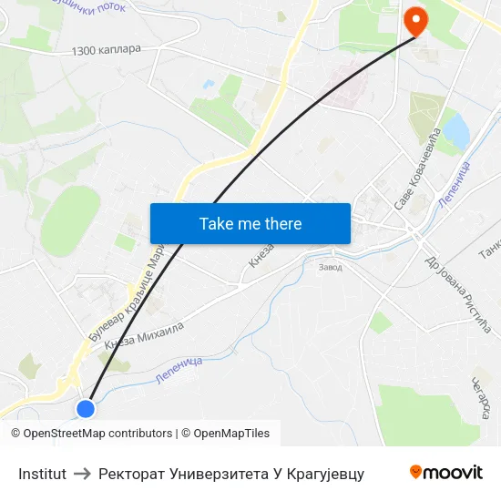 Institut to Ректорат Универзитета У Крагујевцу map