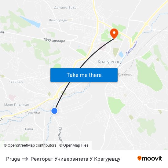 Pruga to Ректорат Универзитета У Крагујевцу map