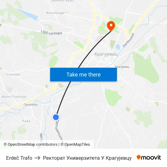Erdeč Trafo to Ректорат Универзитета У Крагујевцу map