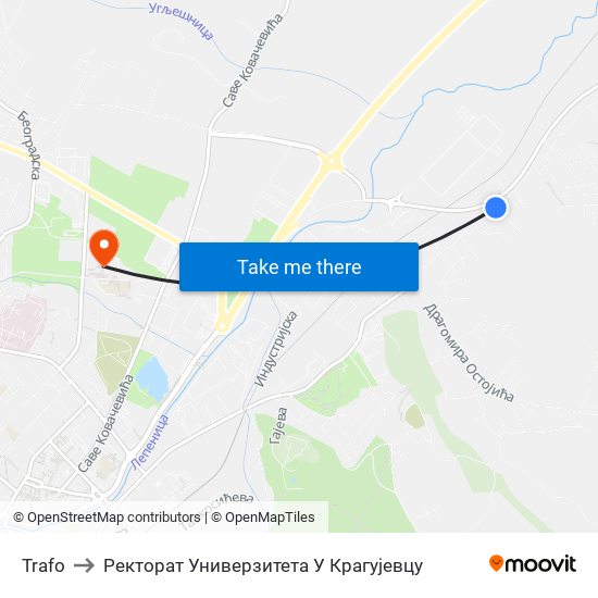 Trafo to Ректорат Универзитета У Крагујевцу map