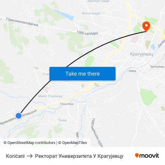 Korićani to Ректорат Универзитета У Крагујевцу map