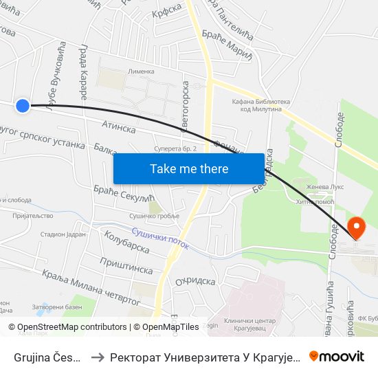 Grujina Česma to Ректорат Универзитета У Крагујевцу map