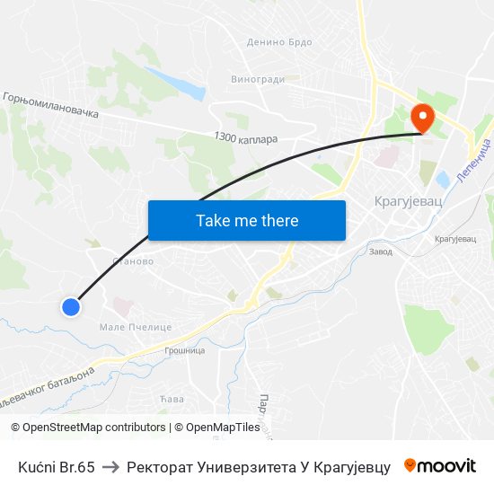 Kućni Br.65 to Ректорат Универзитета У Крагујевцу map