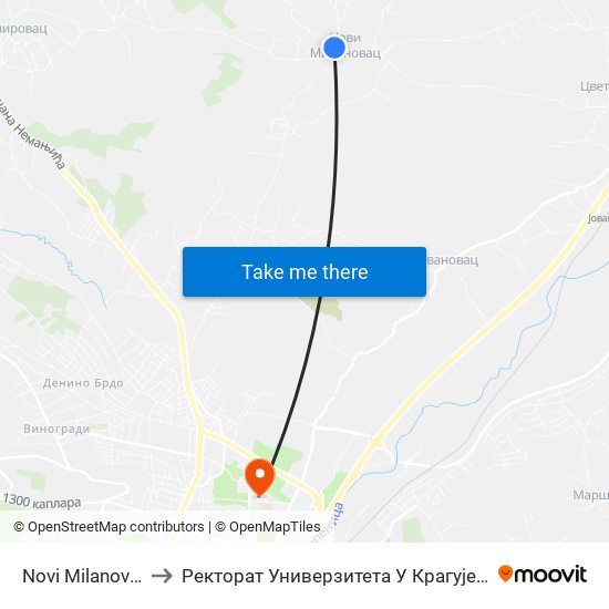 Novi Milanovac to Ректорат Универзитета У Крагујевцу map