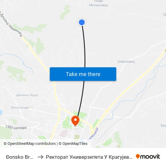 Đonsko Brdo to Ректорат Универзитета У Крагујевцу map