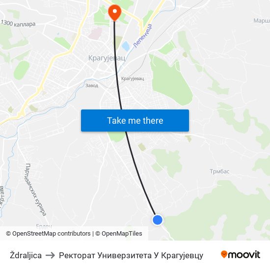 Ždraljica to Ректорат Универзитета У Крагујевцу map