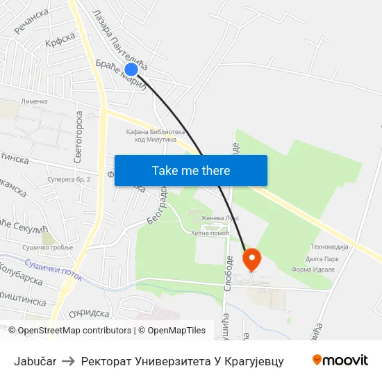 Jabučar to Ректорат Универзитета У Крагујевцу map