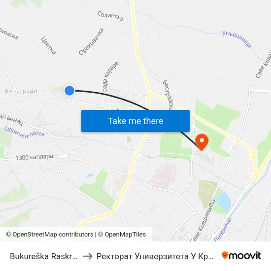 Bukureška Raskrsnica to Ректорат Универзитета У Крагујевцу map