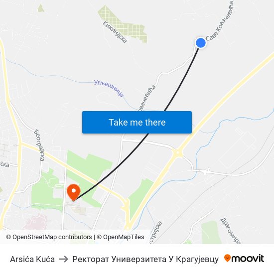 Arsića Kuća to Ректорат Универзитета У Крагујевцу map