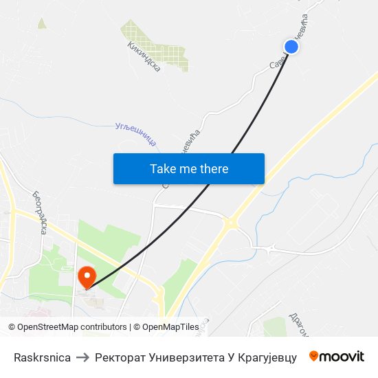 Raskrsnica to Ректорат Универзитета У Крагујевцу map