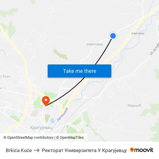 Brkića Kuće to Ректорат Универзитета У Крагујевцу map