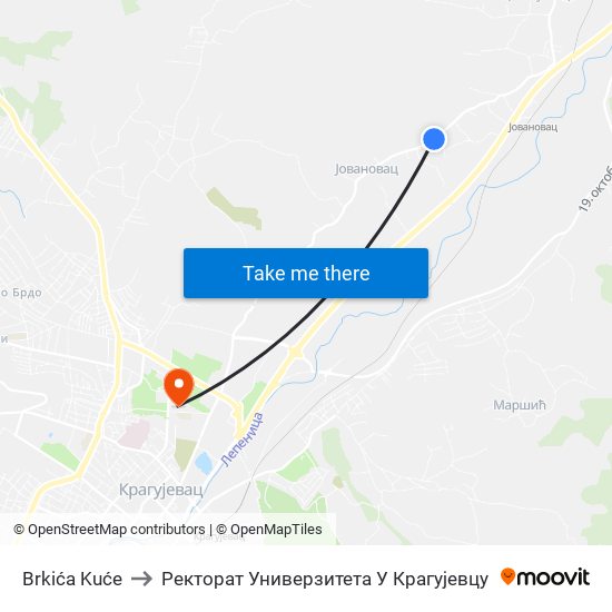 Brkića Kuće to Ректорат Универзитета У Крагујевцу map