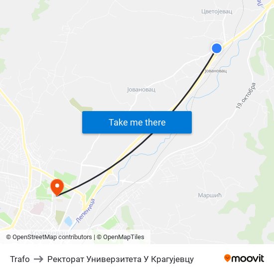 Trafo to Ректорат Универзитета У Крагујевцу map