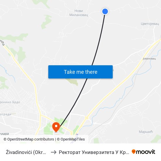 Živadinovići (Okretnica) to Ректорат Универзитета У Крагујевцу map