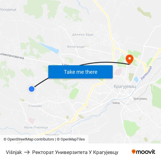 Višnjak to Ректорат Универзитета У Крагујевцу map