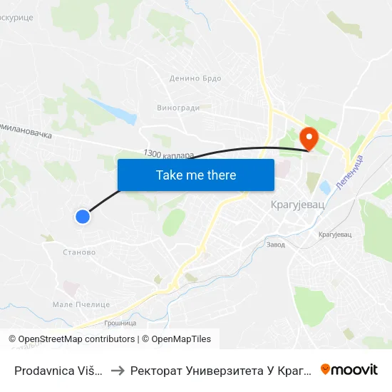 Prodavnica Višnjak to Ректорат Универзитета У Крагујевцу map