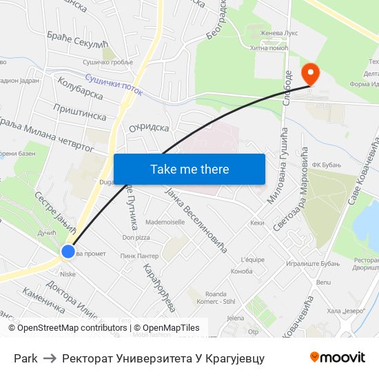 Park to Ректорат Универзитета У Крагујевцу map