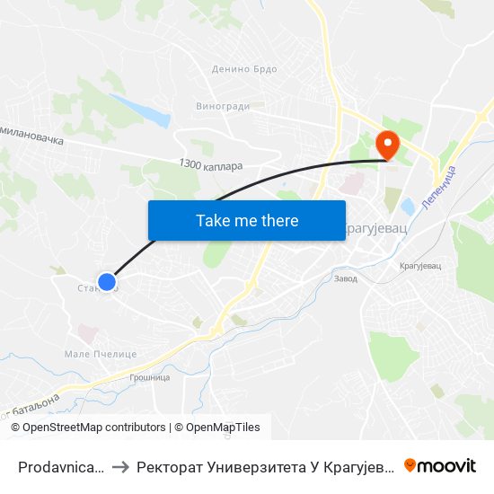 Prodavnica 1 to Ректорат Универзитета У Крагујевцу map