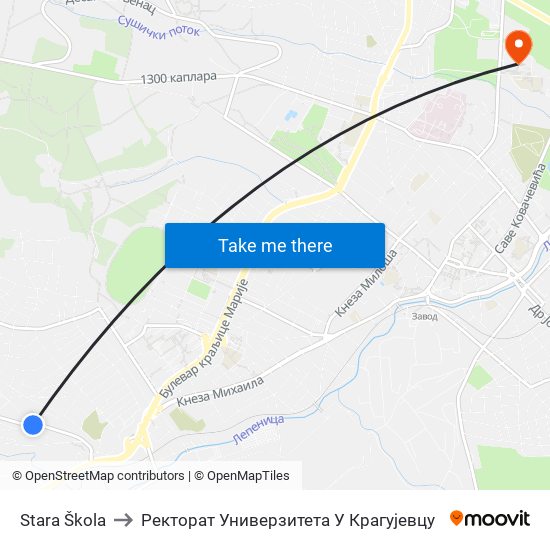 Stara Škola to Ректорат Универзитета У Крагујевцу map