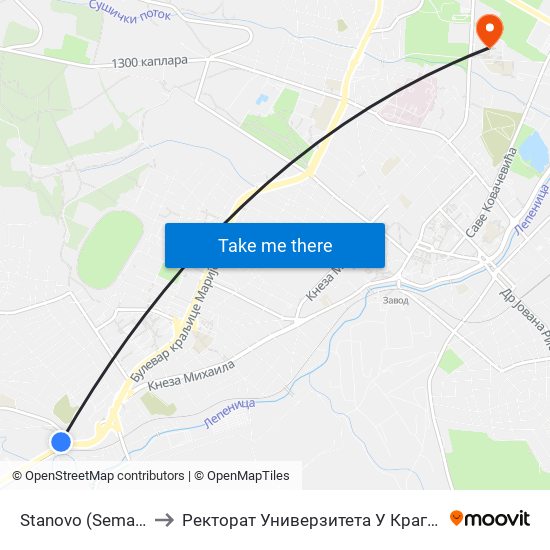 Stanovo (Semafor) to Ректорат Универзитета У Крагујевцу map