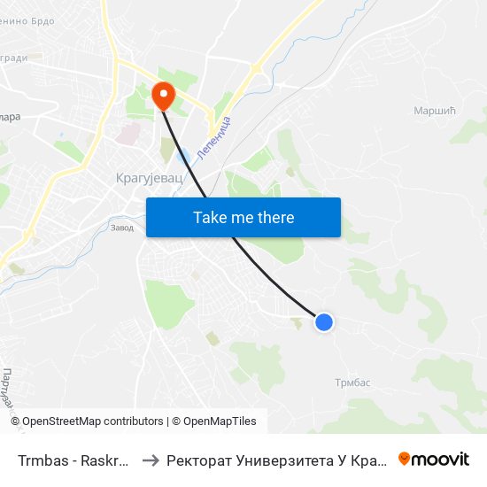 Trmbas - Raskrsnica to Ректорат Универзитета У Крагујевцу map