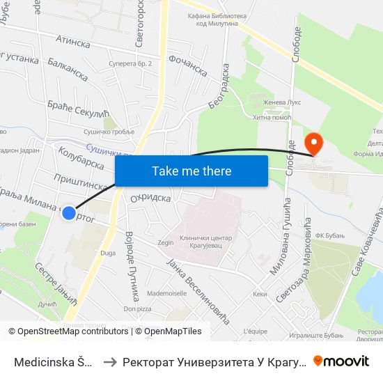 Medicinska Škola to Ректорат Универзитета У Крагујевцу map