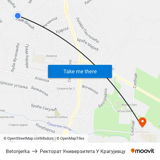 Betonjerka to Ректорат Универзитета У Крагујевцу map